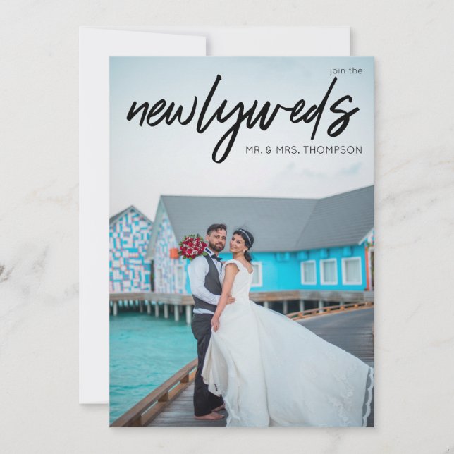 Newlyweds B 3 Photo & Typography Wedding Reception Invitation (Front)
