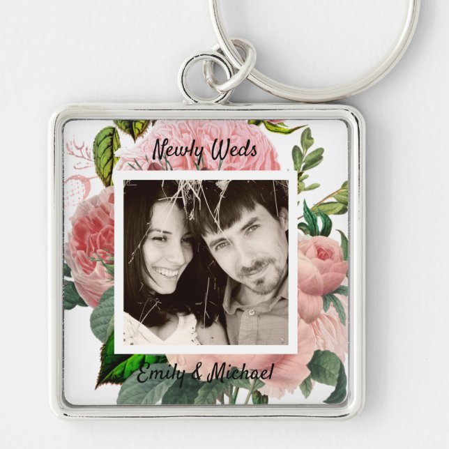 Newlyweds Blush Pink Roses Botanical Floral PHOTO Keychain (Front)