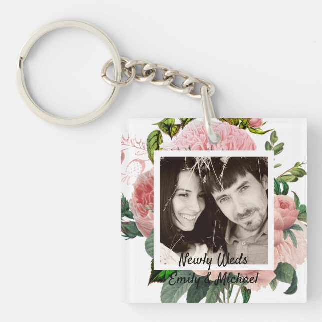 Newlyweds Blush Pink Roses Botanical Floral PHOTO Keychain (Front)
