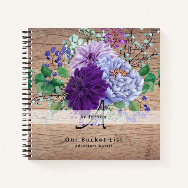 Newlyweds BUCKET LIST Photo Rustic Purple Floral Notebook (Front)