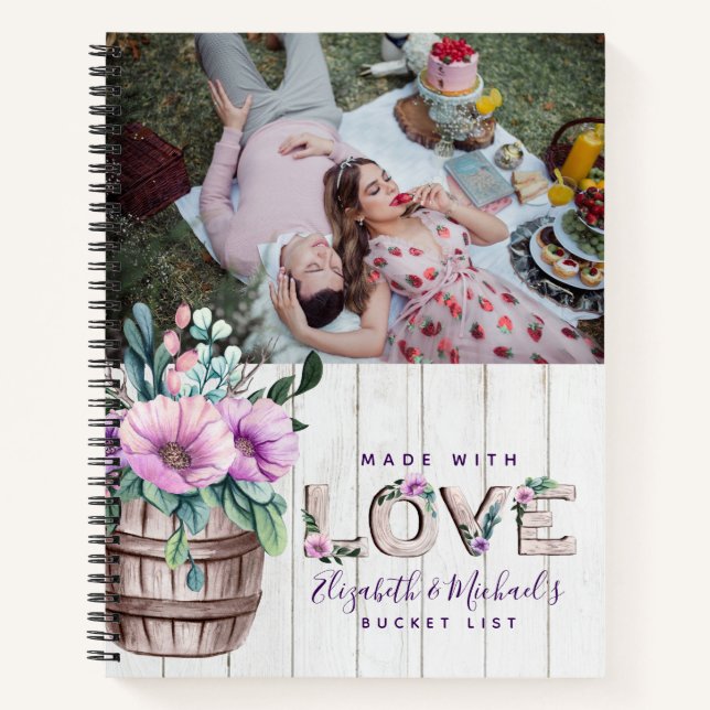 Newlyweds BUCKET LIST Photo Rustic Purple Floral Notebook (Front)