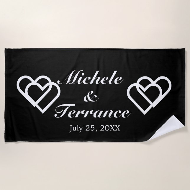 Newlyweds Customized Bride Groom Names Black White Beach Towel (Front)