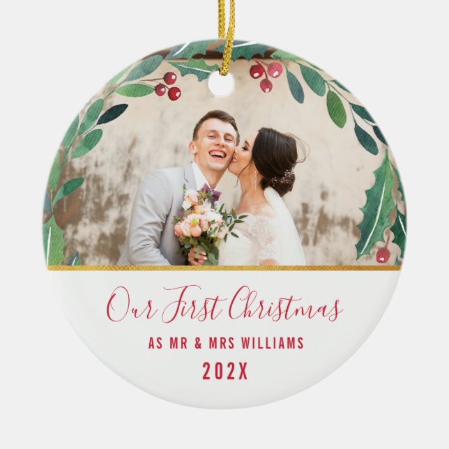 Newlyweds first christmas ceramic ornament (Front)