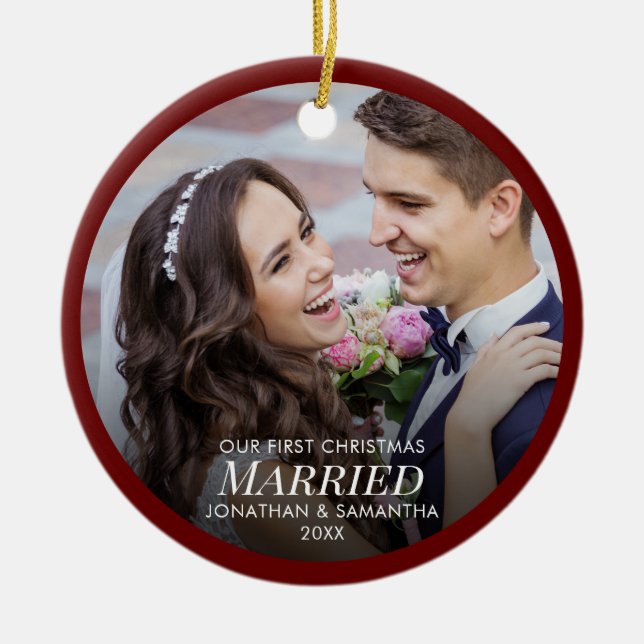 Newlyweds First Christmas Married Photo Ceramic Ornament (Front)