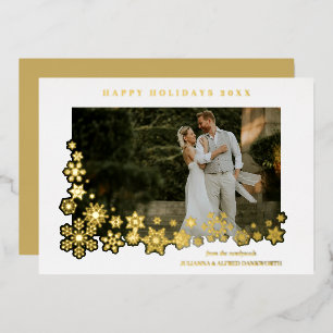Newlyweds First Christmas Snowflakes Frame Photo Foil Holiday Card
