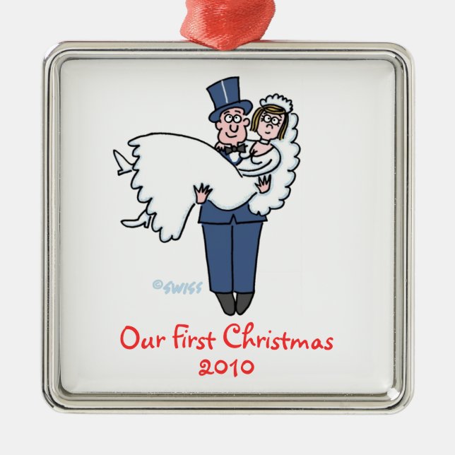 Newlyweds First Christmas Together Cartoon Metal Ornament (Front)
