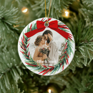 Newlyweds First Christmas Wreath Photo Wedding Ceramic Ornament