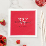 Newlyweds Gift Chic Script Name Red Monogrammed  Napkin<br><div class="desc">Newlyweds gift chic script personalized family name red monogrammed paper dinner napkins. A personalized white monogram design with the newlywed bride and groom's family's last name and date established printed in black lettering on a rich red background. A unique gift for newlyweds. Lovely for their new life together. Also a...</div>