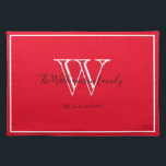 Newlyweds Gift Monogram Initial Script Rustic Red  Placemat<br><div class="desc">Wedding Gift, Newlyweds Gift Monogram Initial Personalized Family Name Script Rustic Chic Red Cloth Placemat. Personalized white monogram design with the newlywed bride and groom's last name and date established in black lettering on a rich red background. A unique gift for newlyweds. Lovely for their new life together. Also a...</div>