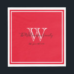 Newlyweds Gift Monogram Name Script Red Paper Napkin<br><div class="desc">Newlyweds Gift Monogram Name Script Red Paper Napkins. Standard Luncheon size only available. Personalized white monogram design with the newlywed bride and groom's last name and date established printed in black lettering on a rich red background. A unique gift for newlyweds. Lovely for their new life together. Also a beautiful...</div>