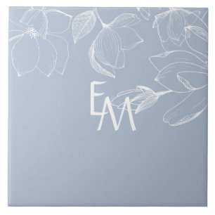 NEWLYWEDS GIFTS Dusty Blue White Magnolia MONOGRAM Tile