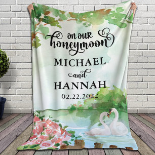 Newlyweds' Honeymoon Blanket with Swans + Flowers