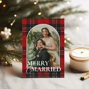 Newlyweds Modern Rustic Red Plaid First Christmas Holiday Card