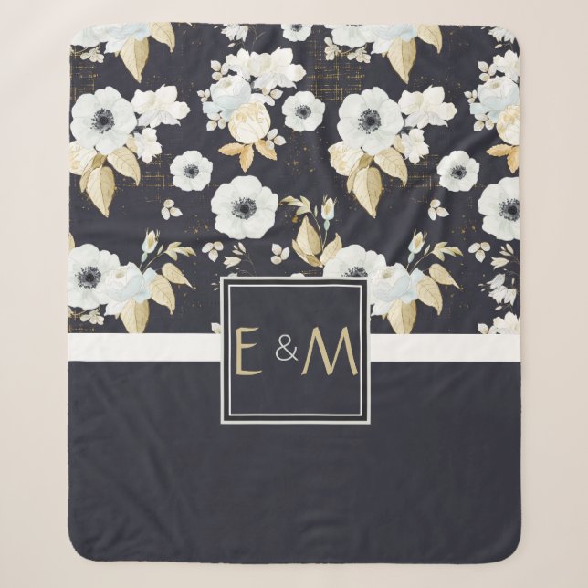 Newlyweds Monogrammed Wedding Decor Gifts Bluw Wht Sherpa Blanket (Front)