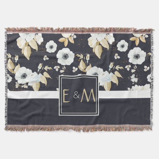 Newlyweds Monogrammed Wedding Decor Gifts Bluw Wht Throw Blanket (Front)