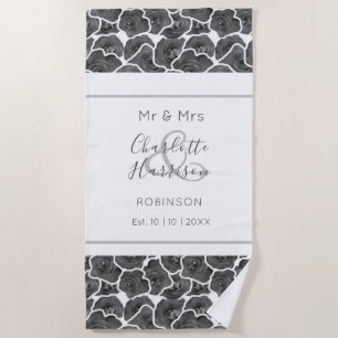 Newlyweds Mr and Mrs Grey Roses Personalized Beach Towel