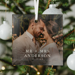 Newlyweds Mr + Mrs Christmas Custom Photo Glass Ornament