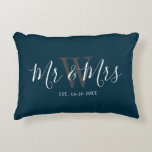 Newlyweds Mr Mrs Navy Blue Script Monogram Initial Accent Pillow<br><div class="desc">Surprise a couple with this Newlyweds Mr And Mrs Navy Blue Script Monogram Accent Pillow. It is modern designed on both sides with dark blue background. The centre has large dark grey monogram letter and the text is "mr and mrs" in white trendy hand lettered script. Established date is below...</div>