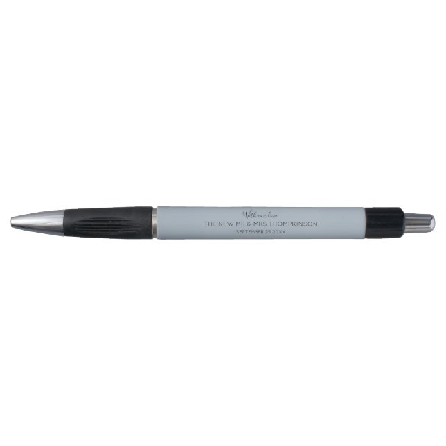 Newlyweds Name Typography Dusty Blue Wedding Favou Pen (Front)