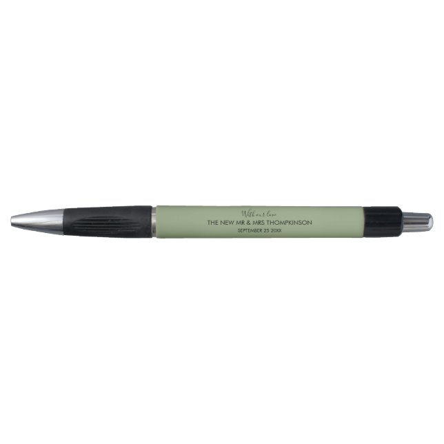 Newlyweds Name Typography Sage Green Wedding Favou Pen (Front)