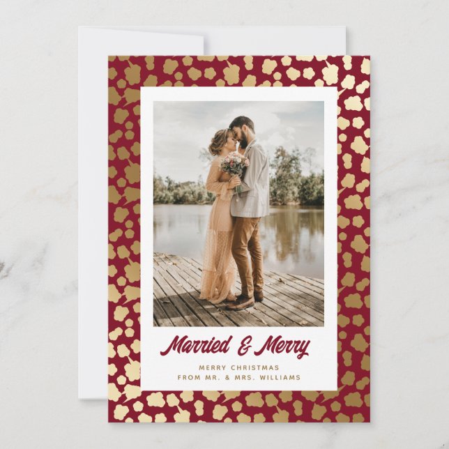 Newlyweds Photo Christmas Red Gold Script Holiday Card (Front)