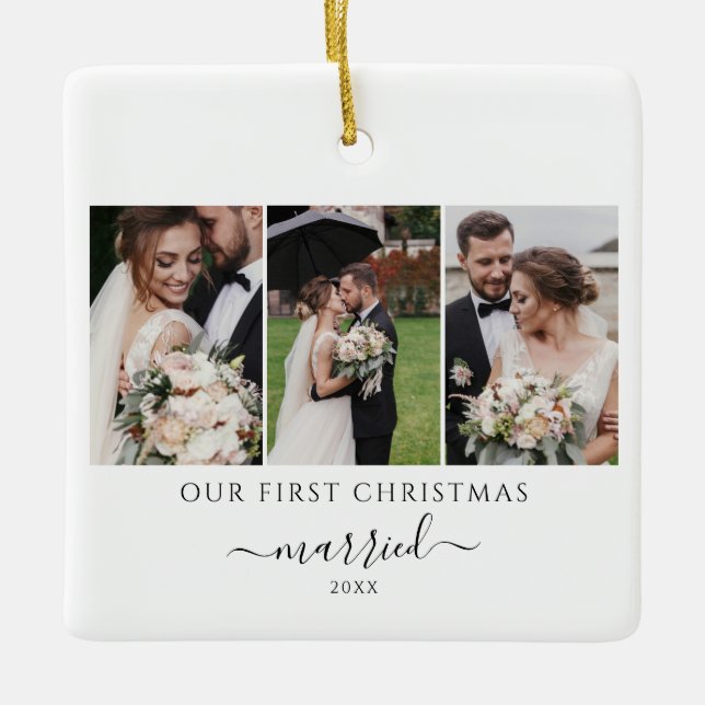 Newlyweds Photo Collage First Christmas Ceramic Ornament (Front)