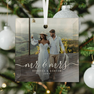 Newlyweds Photo Elegant Script & Custom Christmas Glass Ornament
