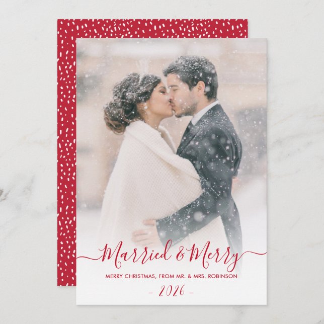 Newlyweds Photo Married and Merry Script Christmas Holiday Card (Front/Back)
