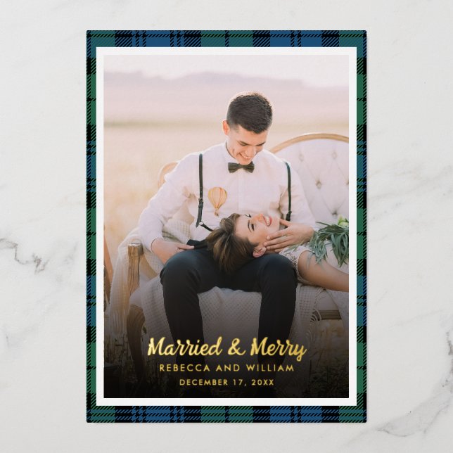 Newlyweds Photo Tartan Christmas Foil Holiday Card (Front)