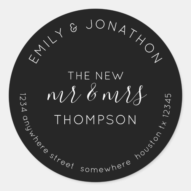 Newlyweds Return Name Address Black Classic Round Sticker (Front)