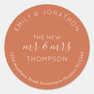 Newlyweds Return Name Address Terracotta  Classic Round Sticker
