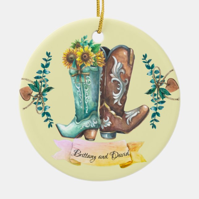 Newlyweds Rustic Wedding Cowboy Boots Watercolor   Ceramic Ornament (Front)