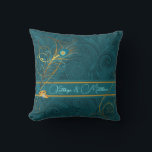 Newlyweds Teal Peacock and Gold Custom Name Throw Pillow<br><div class="desc">This lovely pillow for the newlyweds is 2-sided and features a paisley print in teal with gold wedding rings,  swirls,  peacock feathers and is personalized with the couple's names. Makes a lovely wedding gift.</div>