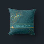 Newlyweds Teal Peacock and Gold Custom Name Throw Pillow<br><div class="desc">This lovely pillow for the newlyweds is 2-sided and features a paisley print in teal with gold wedding rings,  swirls,  peacock feathers and is personalized with the couple's names. Makes a lovely wedding gift.</div>