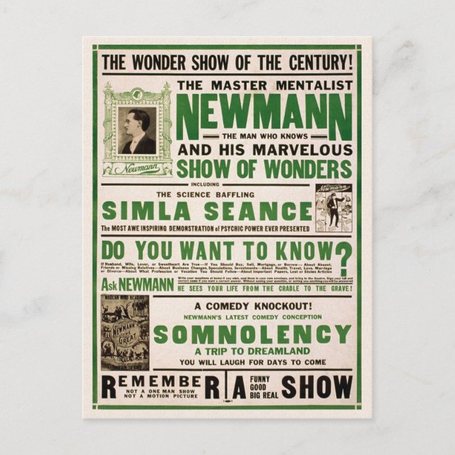Newmann: The Master Mentalist, 1930 Postcard (Front)