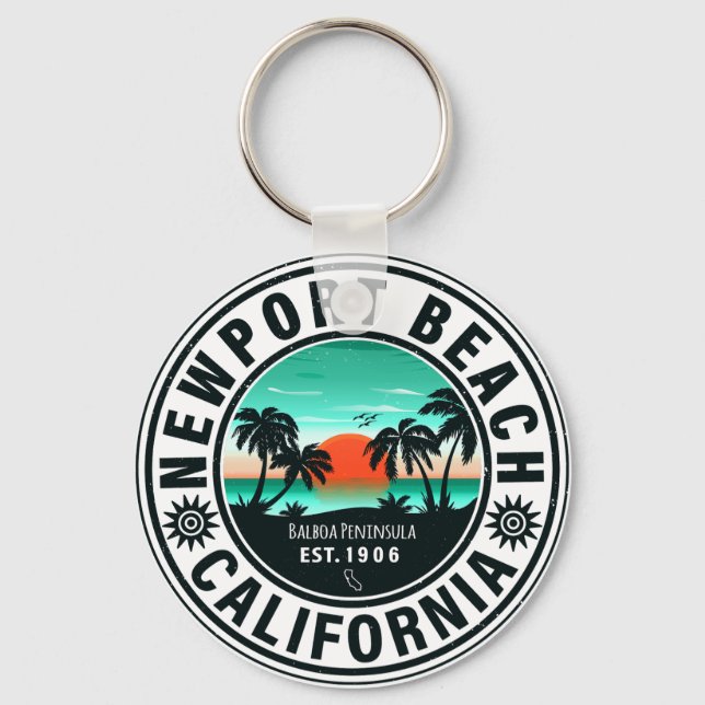 Newport Beach California Retro Sunset Souvenir 80s Keychain (Front)