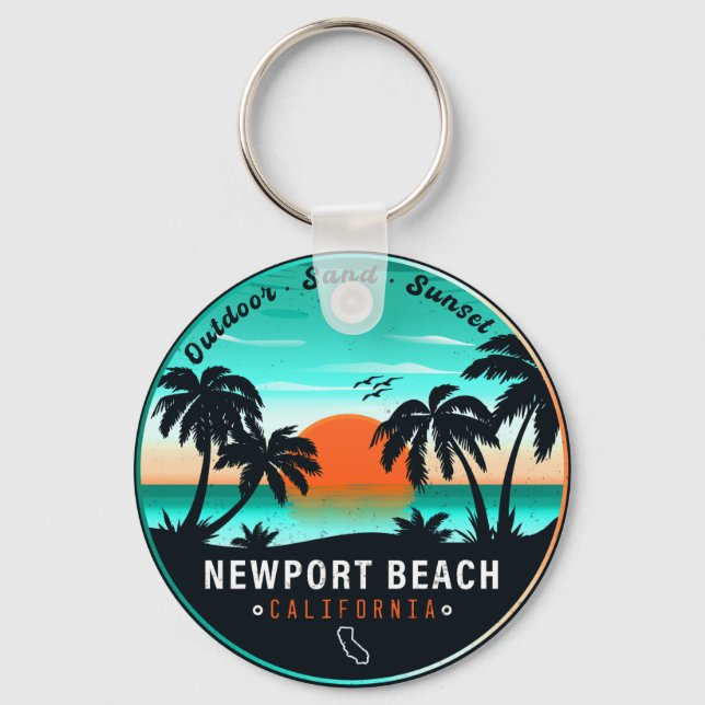 Newport Beach California Retro Sunset Vacation 80s Keychain (Front)
