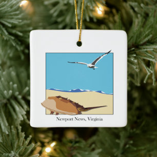Newport News, VA Horseshoe Crab Seagull Beach Ceramic Ornament