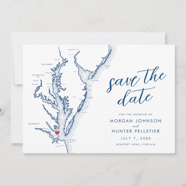 Newport News Virginia Map Modern Wedding Save The Date (Front)