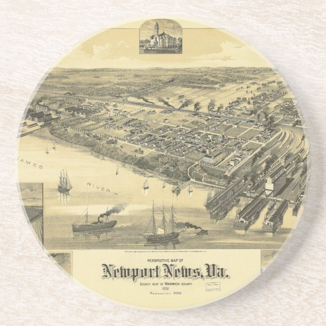 Newport News Virginia Warwick County Map 1891 Coaster (Front)