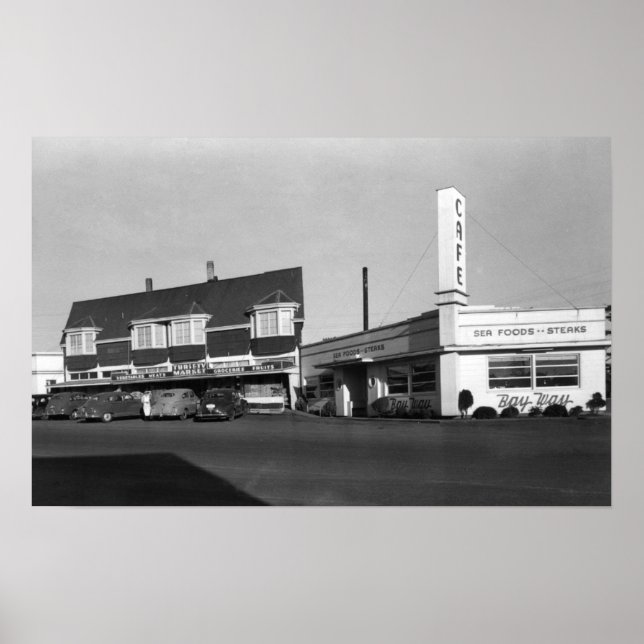 Newport, Oregon View of Bay Way Caf� Photograph Poster (Front)