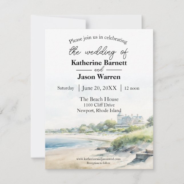 Newport Rhode Island Beach Watercolor Wedding Invitation (Front)