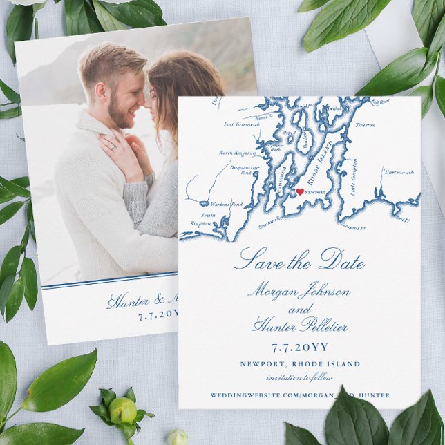 Newport Rhode Island Elegant Navy Wedding Save The Date (These elegant Newport Rhode Island save the dates have a map of Narragansett Bay and a photo back.)