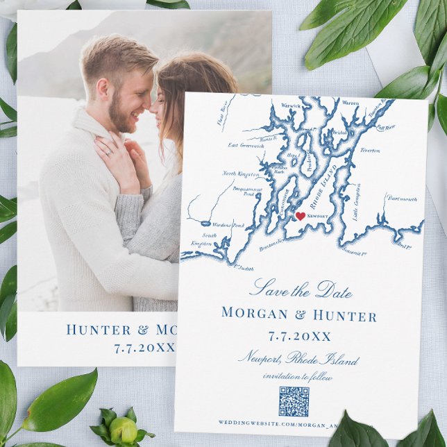Newport Rhode Island Save the Date Elegant QR code (These navy Newport, Rhode Island save the dates have a QR code for your destination wedding website.)