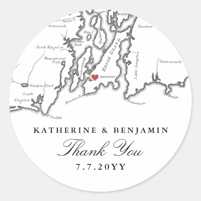 Newport RI Map Black White Wedding Favour Classic Round Sticker (Front)