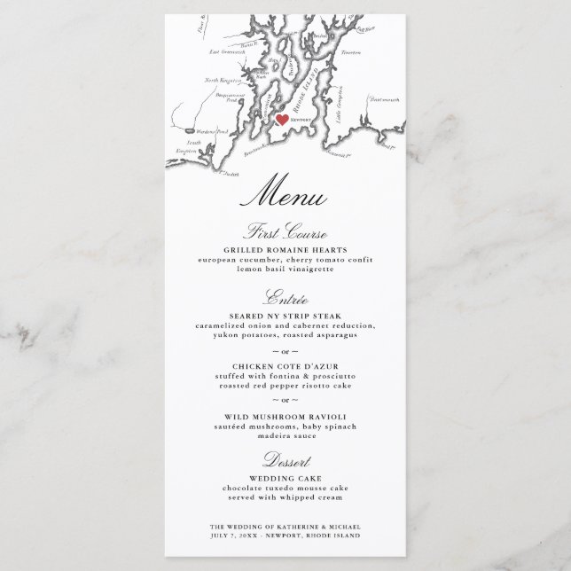 Newport RI Map Elegant Black and White Wedding Menu (Front)