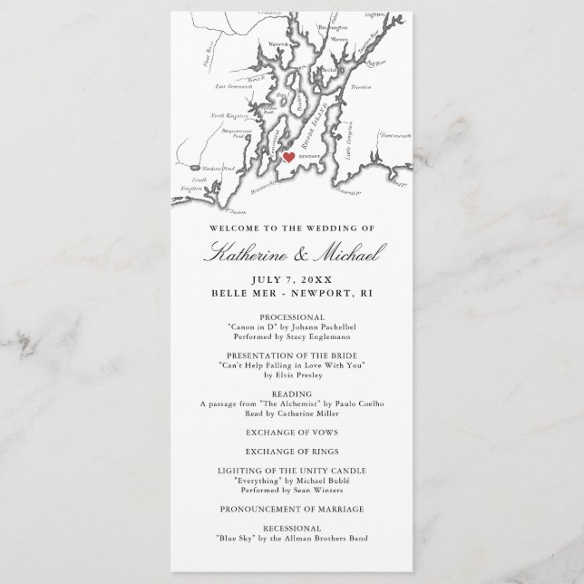 Newport RI Map Elegant Black and White Wedding Program (Front)