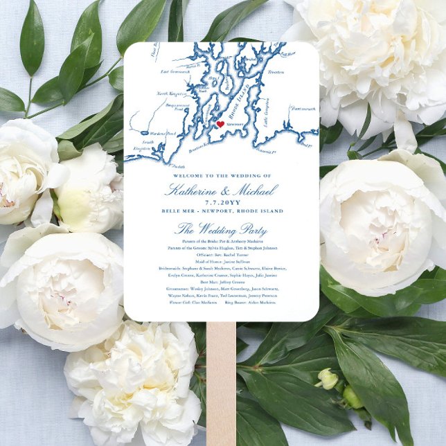 Newport, RI Map Wedding Program Elegant Navy Hand Fan (Creator Uploaded)