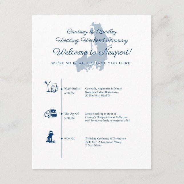 Newport RI Wedding Day Itinerary Timeline Enclosure Card (Front)