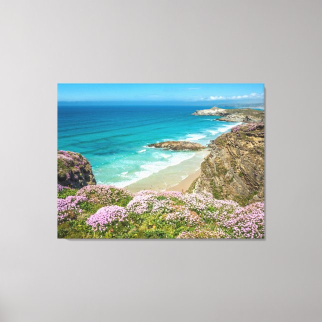 Newquay beach in North Cornwall wild flowers cliff Canvas Print (Front)